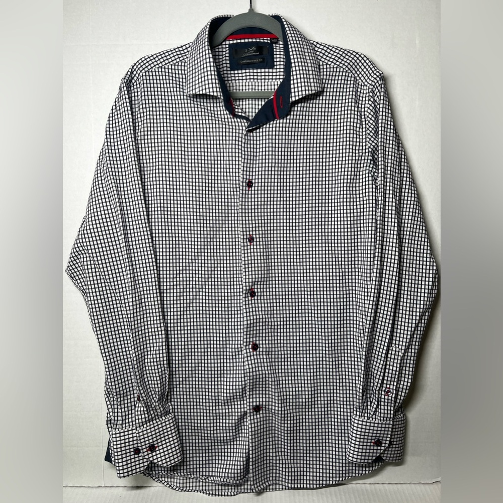 LVs by Levinas Men’s  Button Down Dress Shirt(White/Blue/Red) (17-17.5 X 36/37)